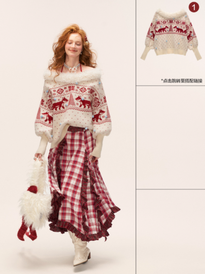 Asymmetrical Plaid Maxi Skirt with Ruffle Hem WE814 (Red)