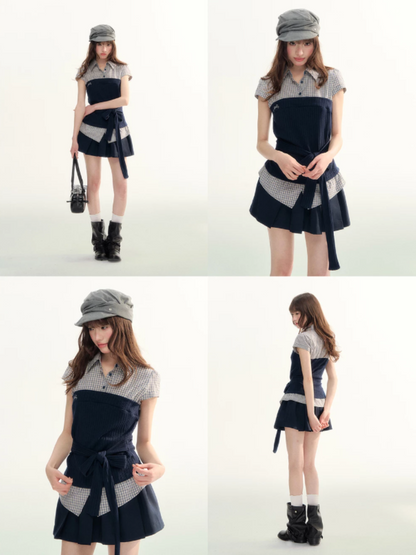 Pastel Plaid Knit Shirt & A-Line Puffy Skirt Set LL2026112