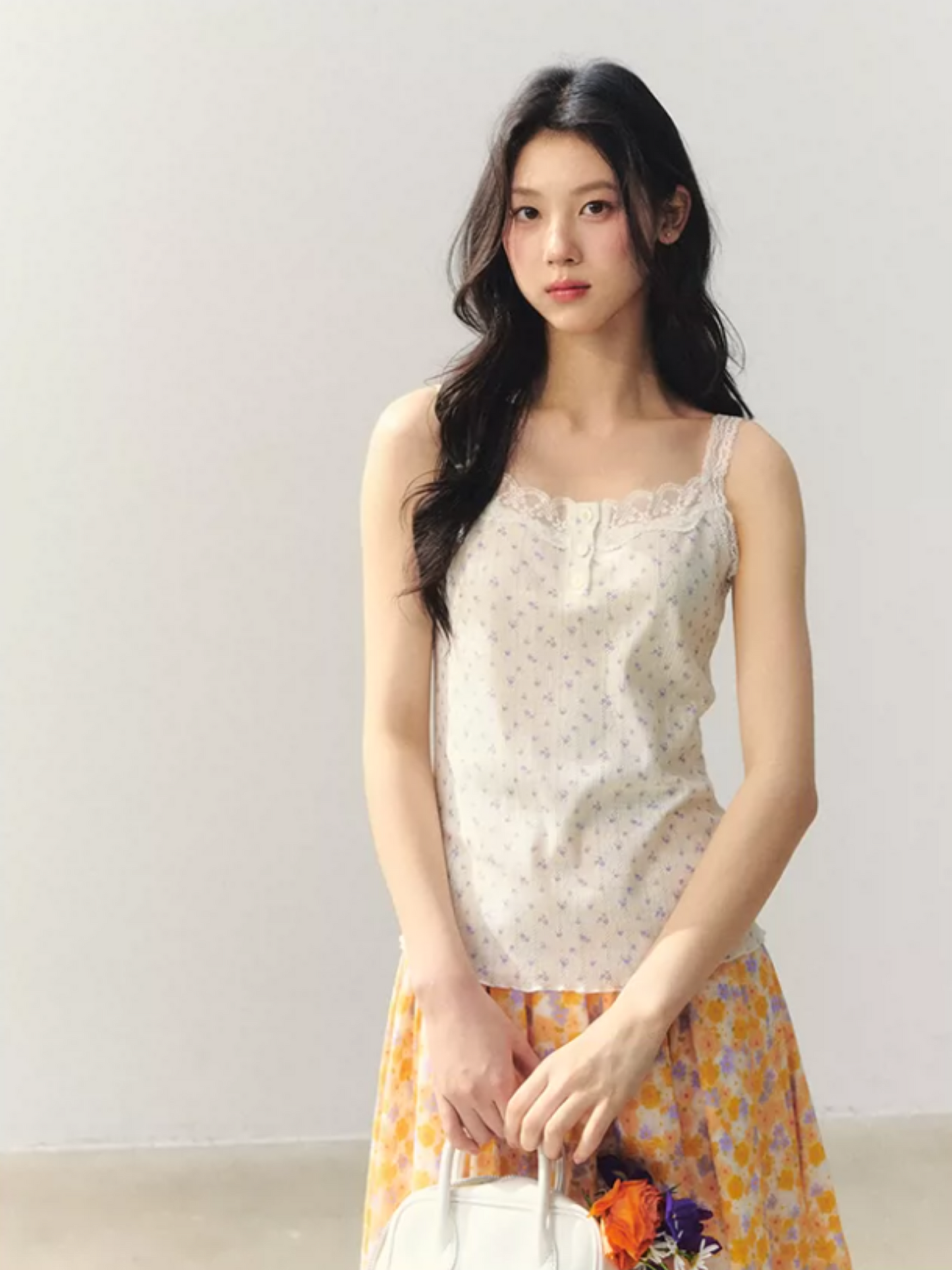 Citrus Bloom Lace Cami & Floral Pleated Skirt Set LL2026039