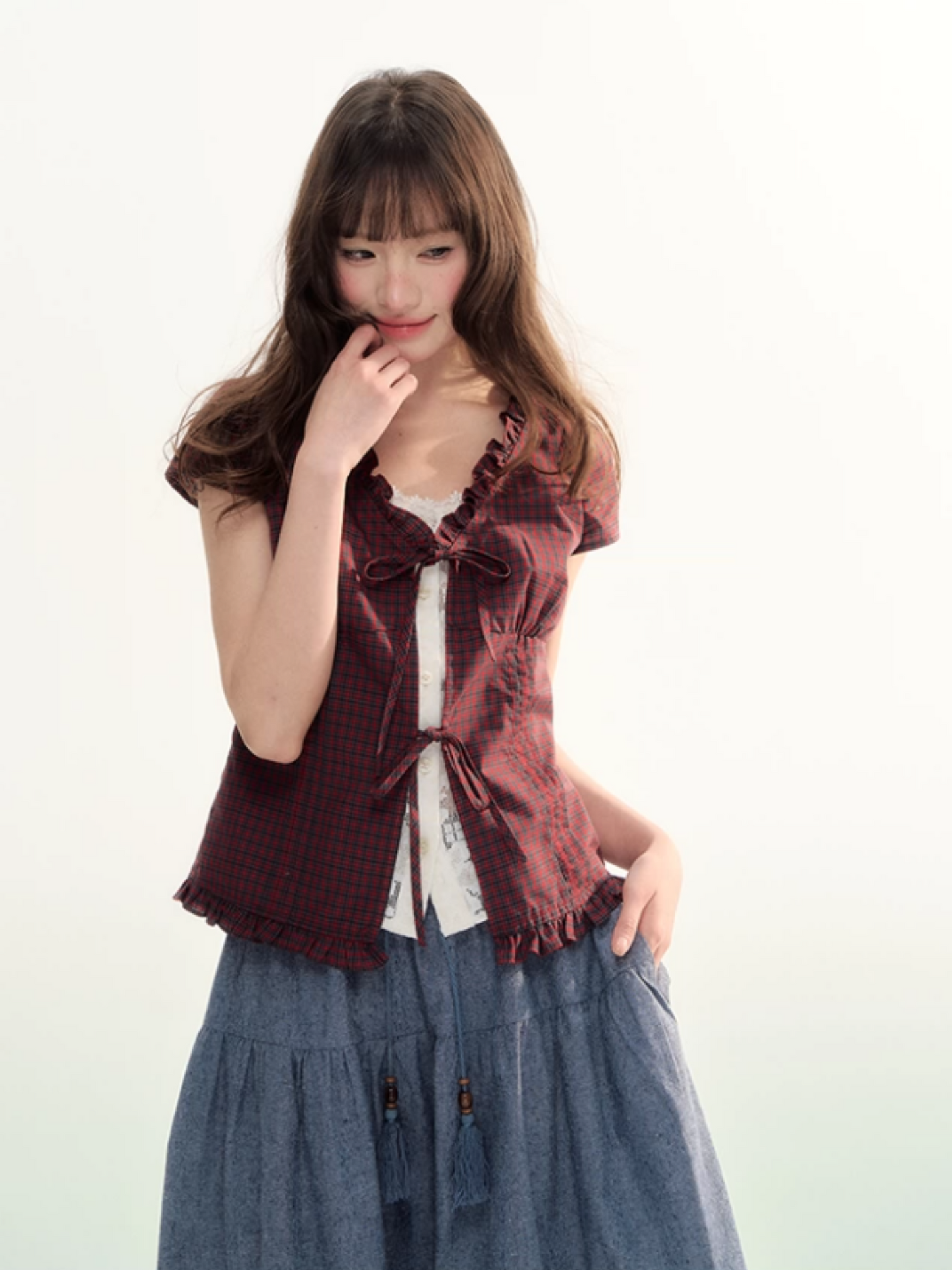 Red Plaid Lace Trim Tie-Front Blouse WW2026086