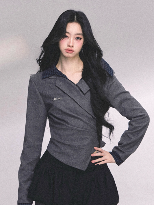 "澳区学妹" American Plaid Layered Long Sleeve Top