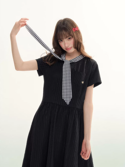 "Summer Ribbon Letter" Tie-Neck Preppy Dress LL2026016