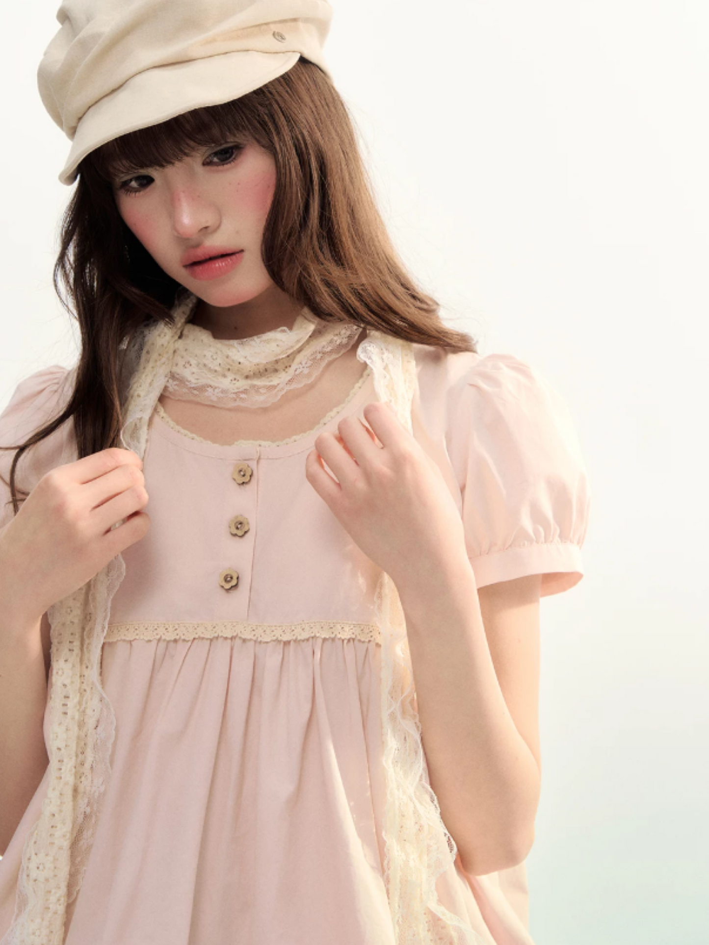 Soft Pink Lace Bubble Hem Blouse WW2026084