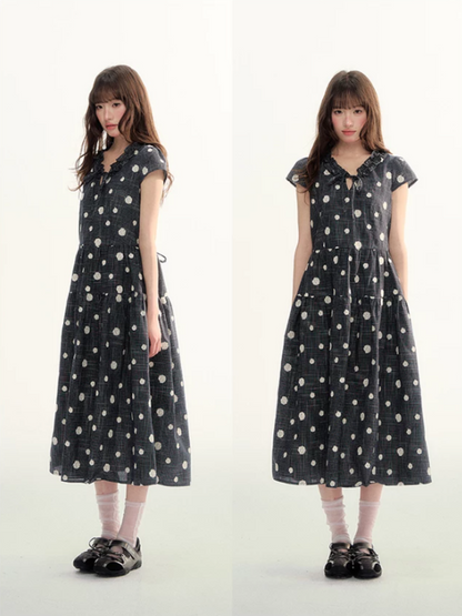 Navy Polka Dot Plaid Tie-Waist A-Line Dress LL2026095