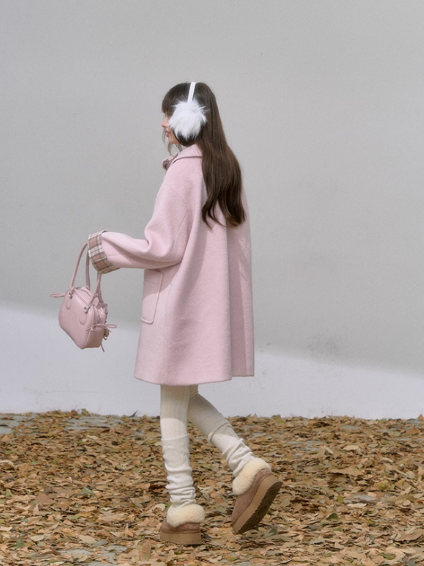 "樱格恋语" Sakura Pink A-Line Wool Coat with Oversized Bow