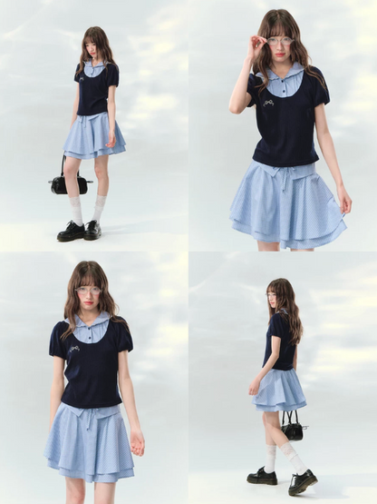 “Milk Candy Academy” Navy Plaid Collar Skirt Set LL2026147