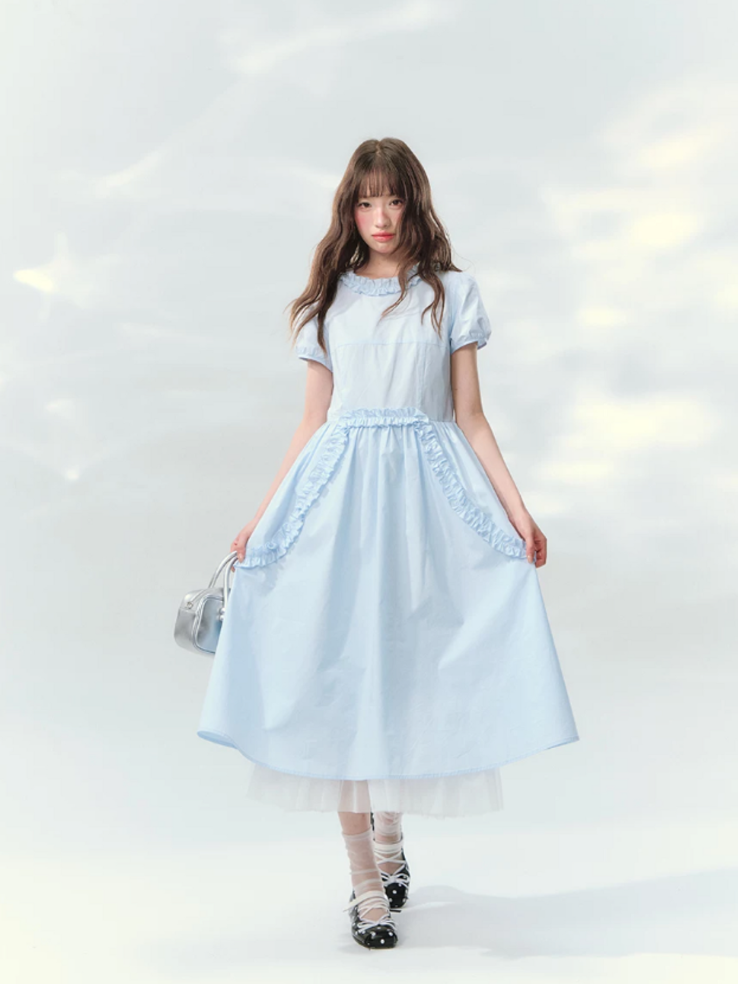 “Cloudside Blue” Mist Blue Puff Sleeve Midi Dress LL2026123