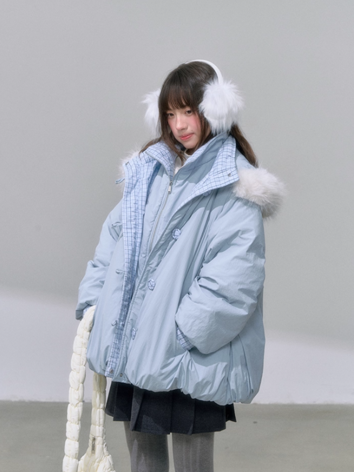 "雪境叠影" Faux Two-Piece Blue Down Jacket with 90% Duck Down & Fur Hood