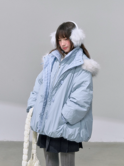 "雪境叠影" Faux Two-Piece Blue Down Jacket with 90% Duck Down & Fur Hood