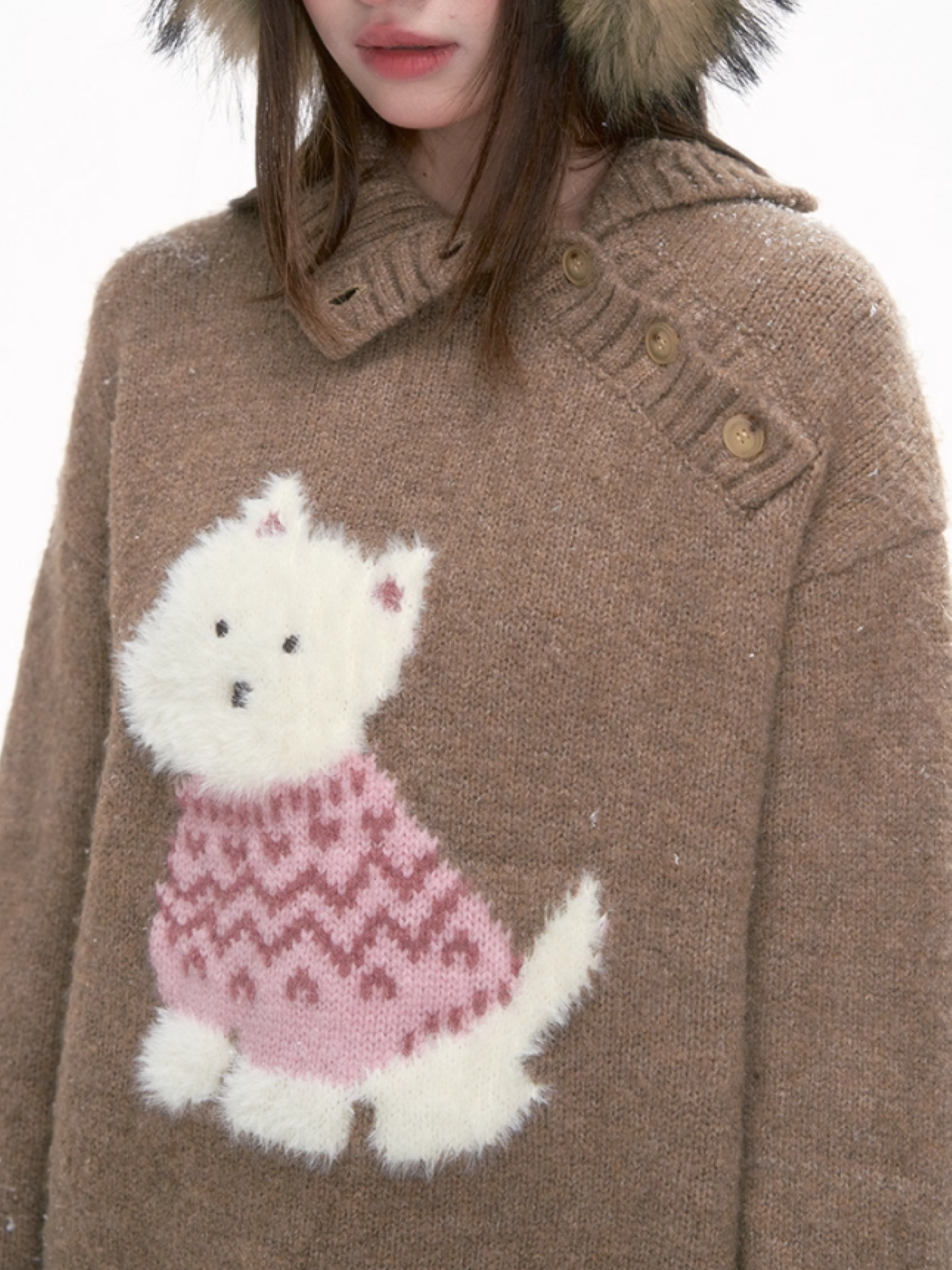 '可可慕斯' Brown Knit Sweater with Westie Dog Embroidery