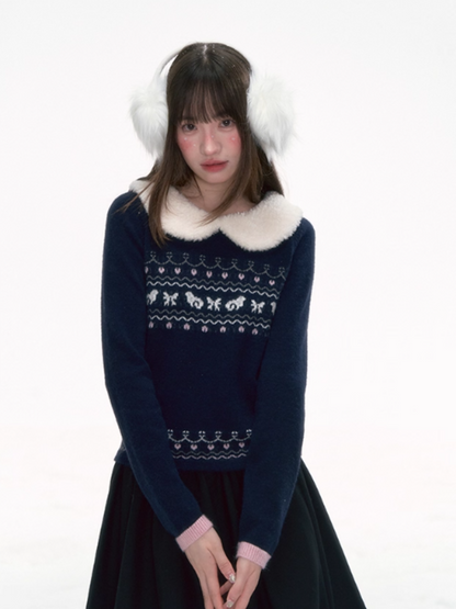 '雪绒甜心' Fair Isle Knit Top with Detachable Faux Fur Peter Pan Collar – Gray/ Navy