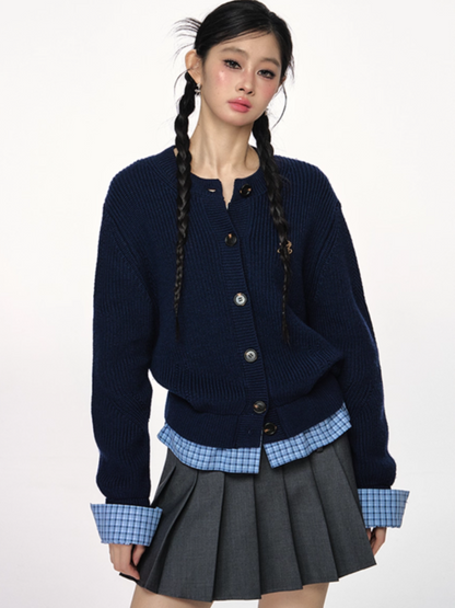 PCH - Tri-Color Layered Knit Cardigan with Contrast Panels (Navy Blue)