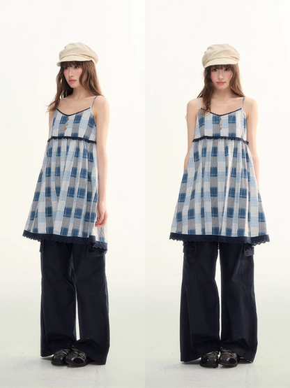 Blue Plaid Lace Trim Dress & Navy Cardigan Set  LL2026078