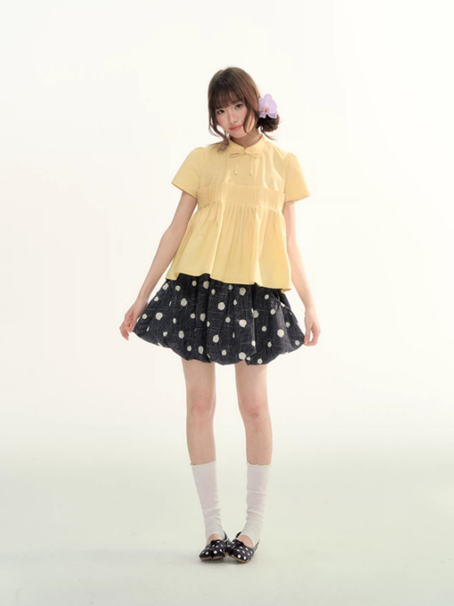 Butter Yellow Pleated Puff Sleeve Blouse WW2026069