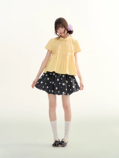 Butter Yellow Pleated Puff Sleeve Blouse WW2026069