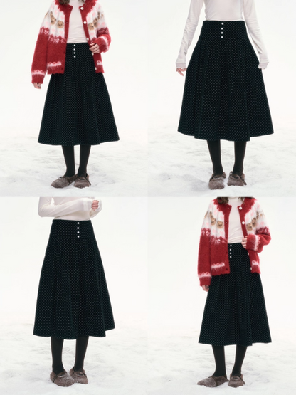 "Polka Waltz" Corduroy Pleated Skirt – Black/White Dot SJ2025333