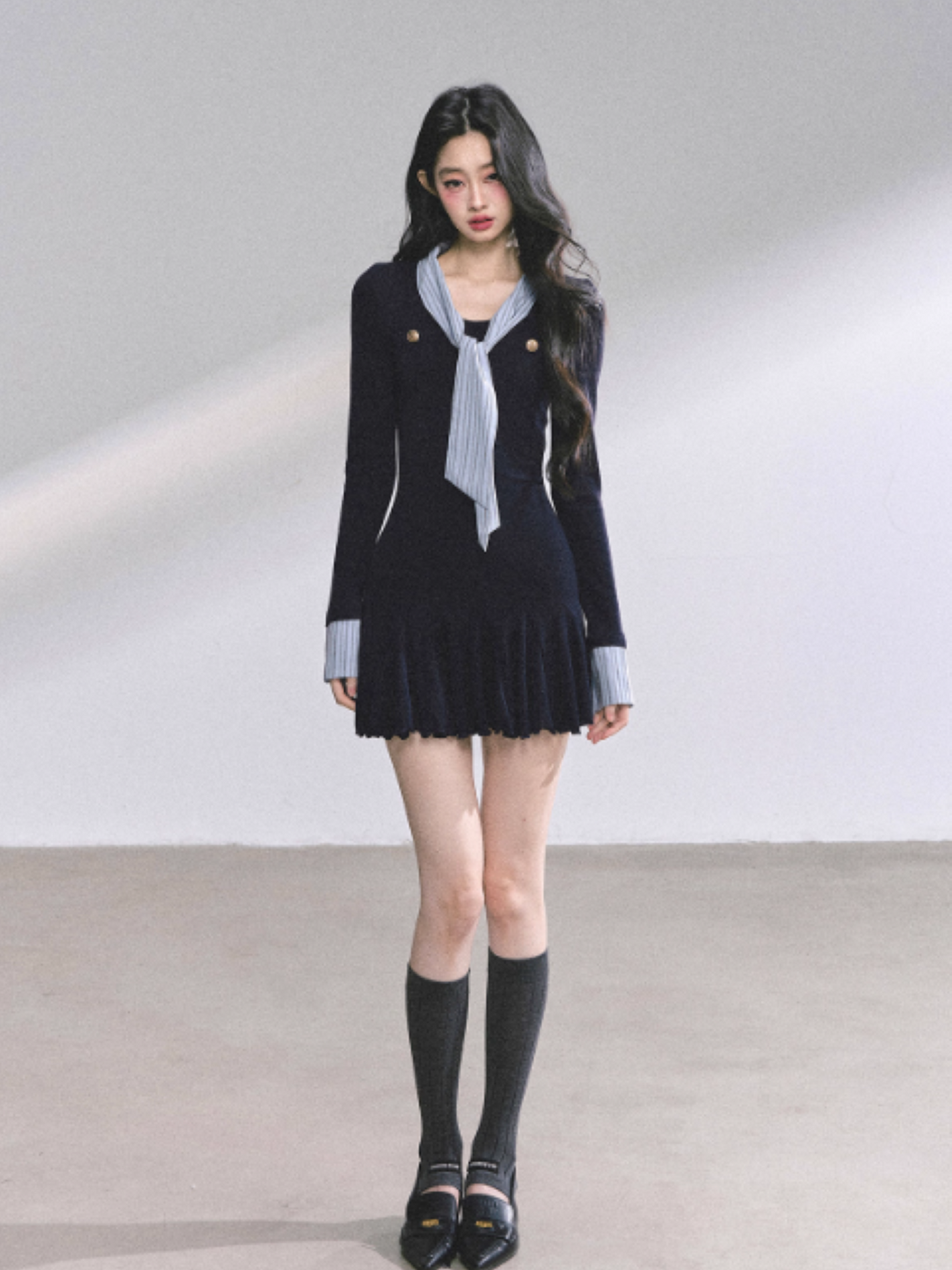 少也眼 Navy Striped Preppy Long Sleeve Bodycon Mini Dress with Tie