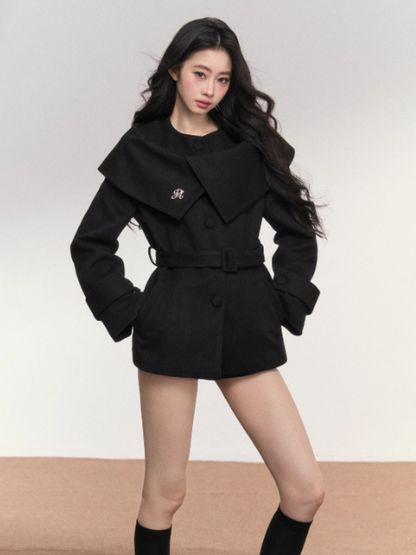 PCH - Black Wool-Blend Waist-Fit Coat with Cape Detail & High-Waist Shorts Set