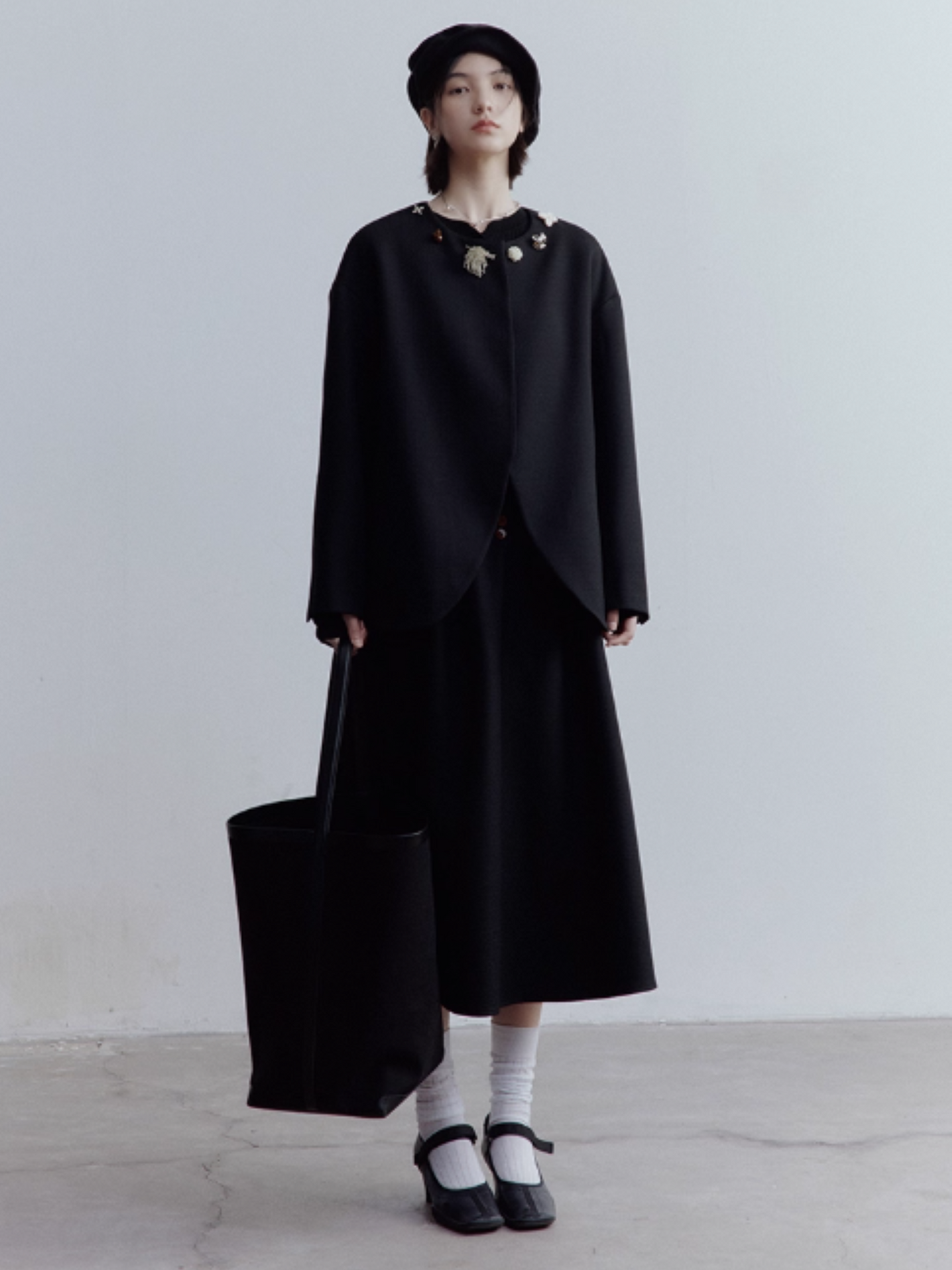 FUSSED Curious Museum Wool Tweed Jacket – Art Button Embellished in Elegant Black FOF-25SS131