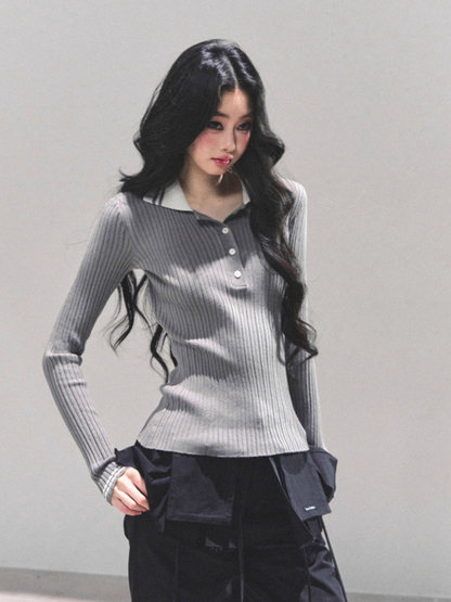 "温蒂的信" Classic Polo Collar Knit Top - Gray