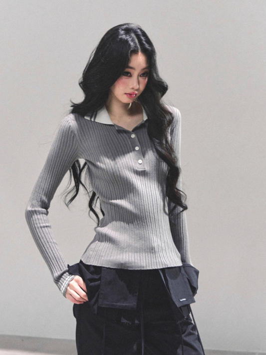 "温蒂的信" Classic Polo Collar Knit Top - Gray