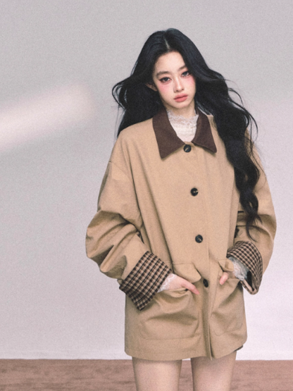 "日暮巴塞尔" British Preppy Polo-Collar Trench Jacket