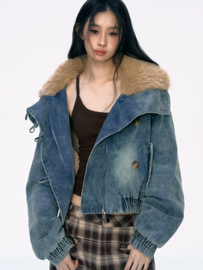 PCH - Cropped Denim Jacket with Faux Shearling Collar
