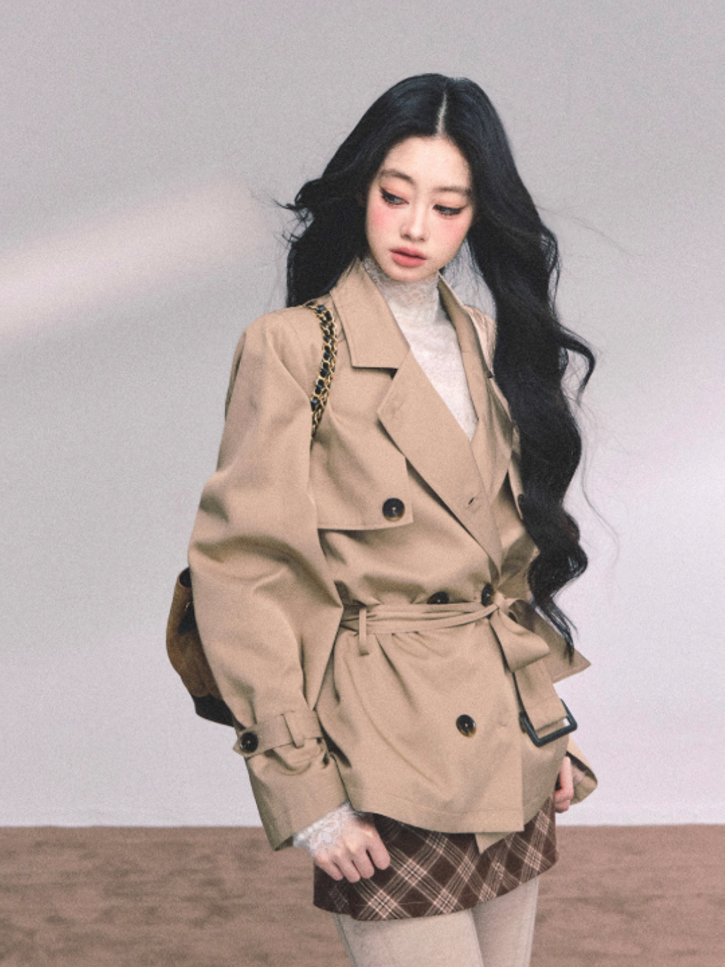 少也眼 Khaki Loose-Fit Jacket with Brown Skirt-Shorts Set