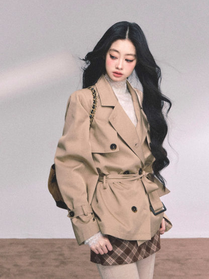少也眼 Khaki Loose-Fit Jacket with Brown Skirt-Shorts Set