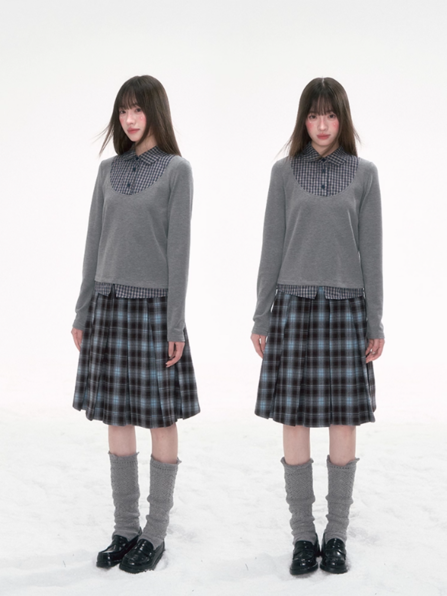 '格间絮语' Vintage Plaid Patchwork Knit Top – Brown/Yellow & Gray/Blue