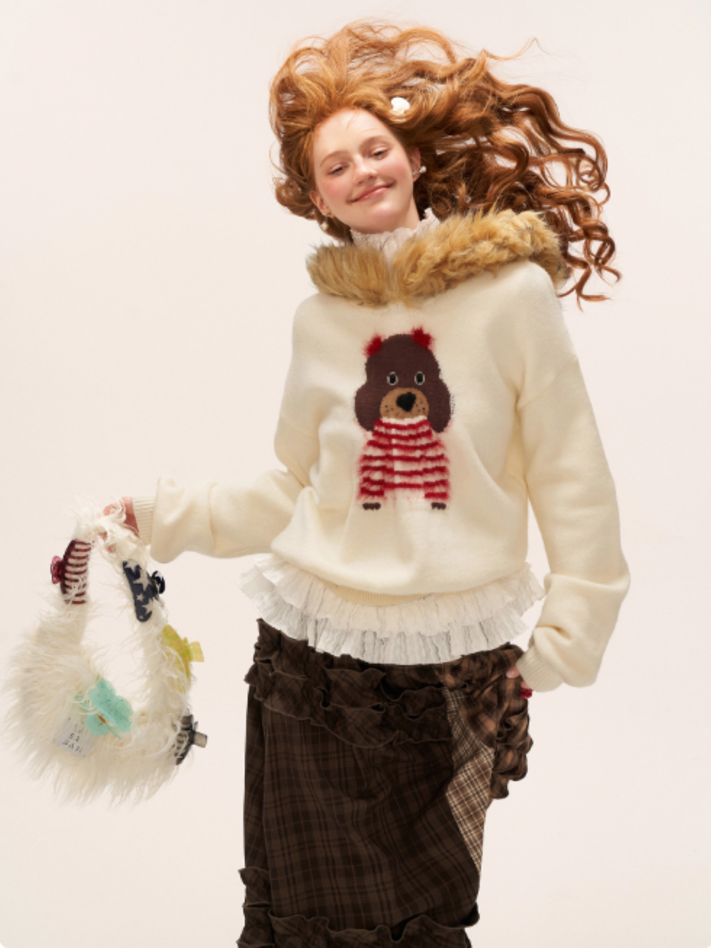 MAMC - Dog Fur-Trim Pullover Hoodie Sweater WE805 - Beige