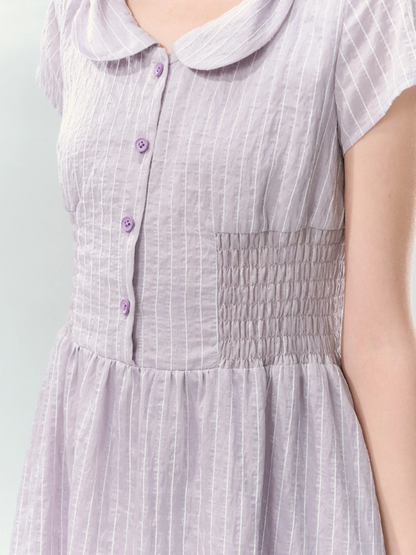 “Lavender Tea Mist” Lilac Stripe Puff Sleeve Dress LL2026137