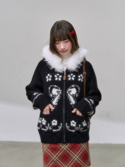 "暗夜花序" Floral Jacquard Knit Hoodie Cardigan – Black Sweet Girl Streetwear with Fur Trim