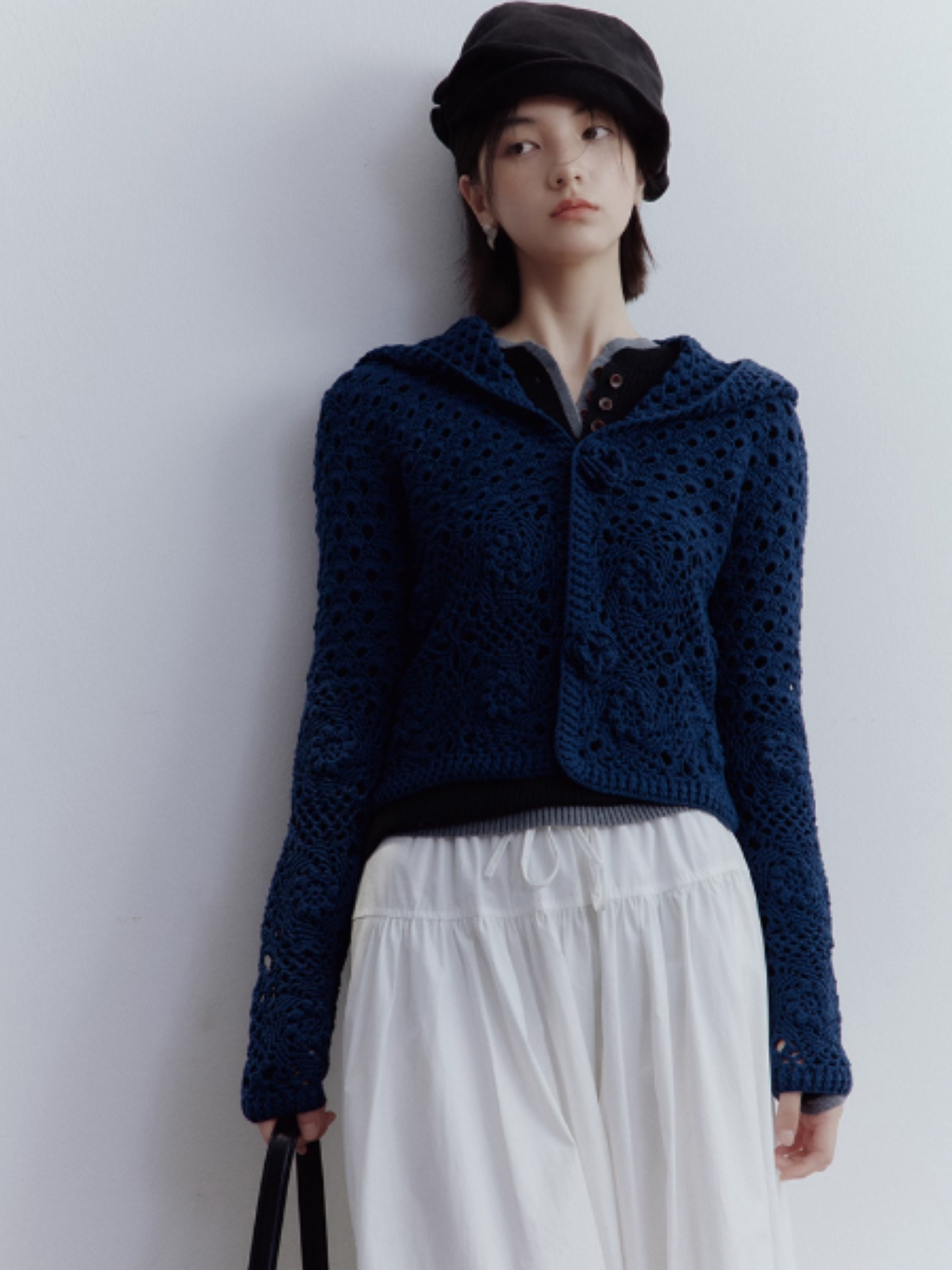 FUSSED Garden Midnight Garden Hand-Crocheted 3D Rose Knit Cardigan – Dusky Blue Cotton FOF-25SS176