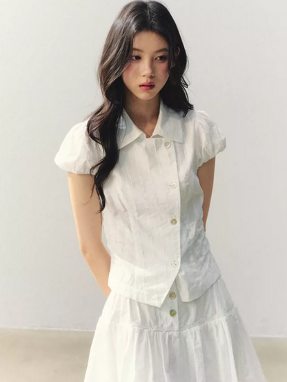 "Summer White Notes" Textured Shirt & Mini Skirt Set LL2026015