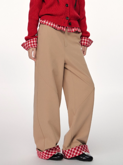 PCH - Khaki Plaid Cuffed Wide-Leg Pants
