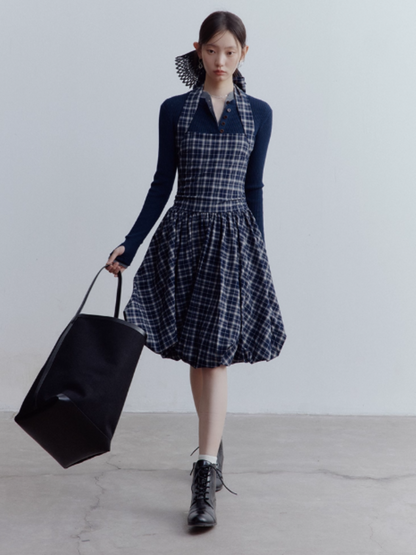FUSSED Blue Mood Gathered Halter Dress – Dark Night Scottish Plaid FOF-25SS154