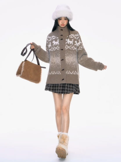 PCH - Camel High-Neck Knit Cardigan with Toggle Buttons