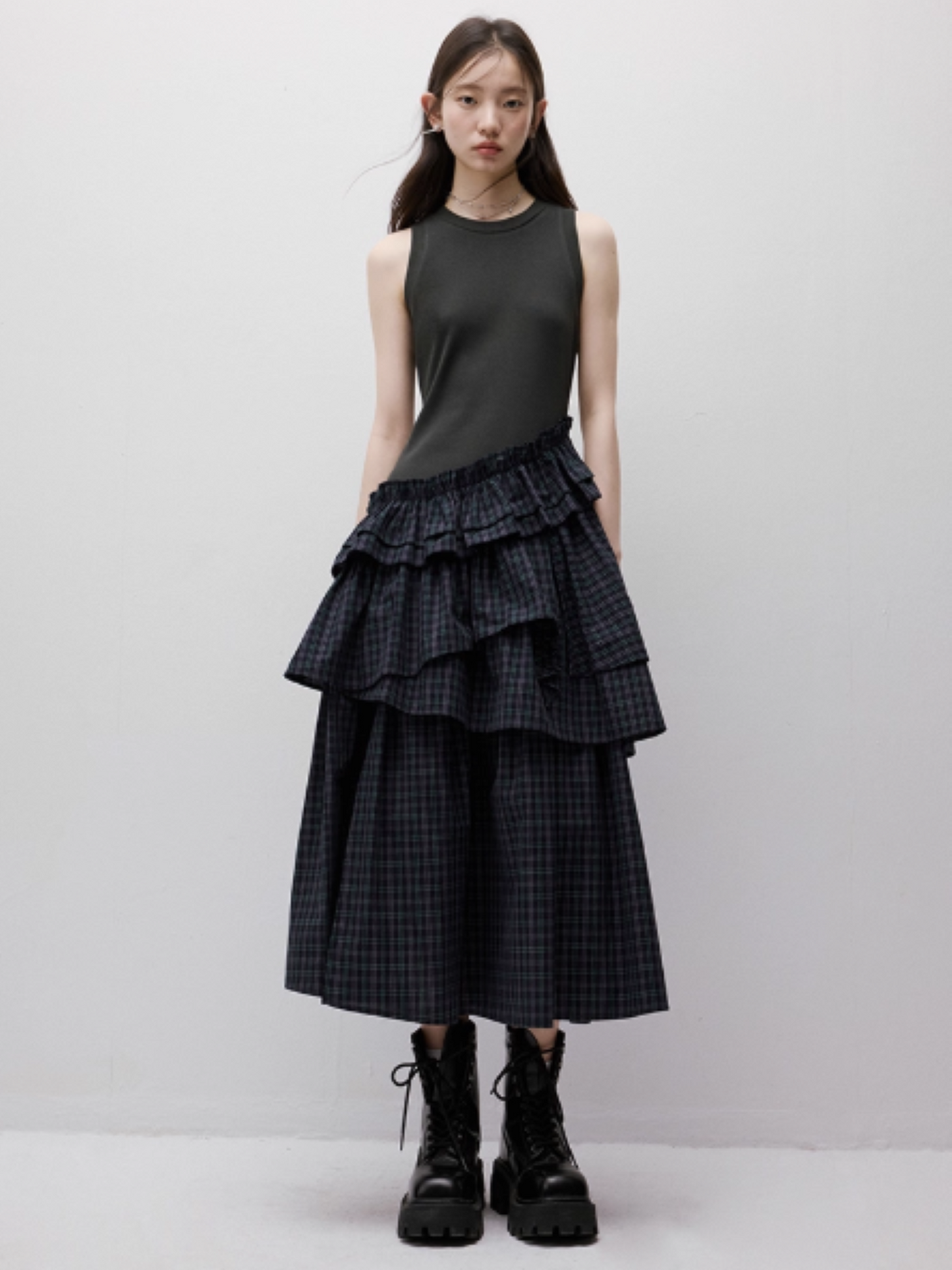 FUSSED Layered Asymmetric Patchwork Dress – British Blue Green FOF-25SS032