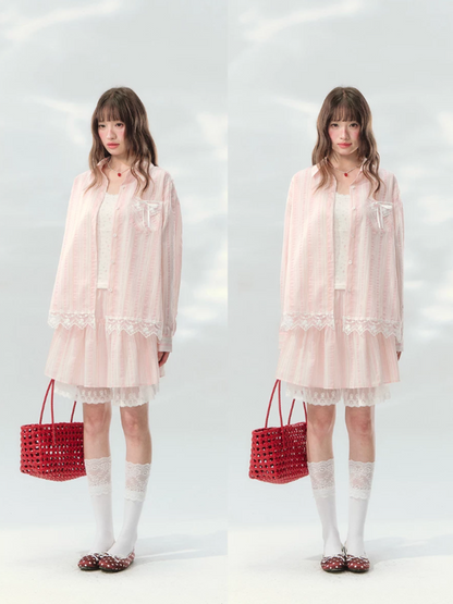 “Pink Mist Love Letter” Pink Stripe Lace Skirt Set LL2026161