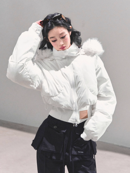 少也眼 Korean Preppy Short Puffer Jacket - White