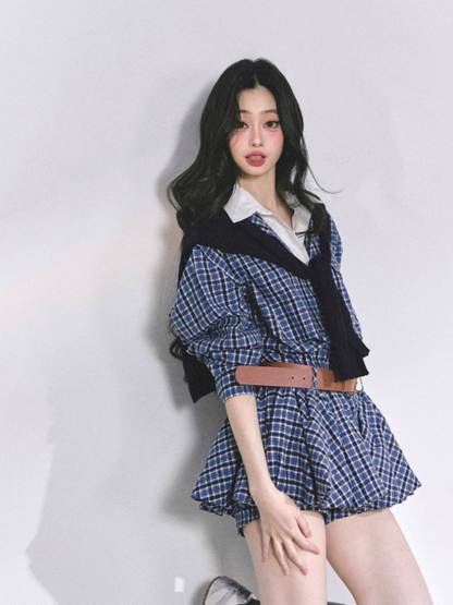 少也眼 Yale Preppy Puff Mini Dress Set with Shorts, Belt & Shawl (Navy)