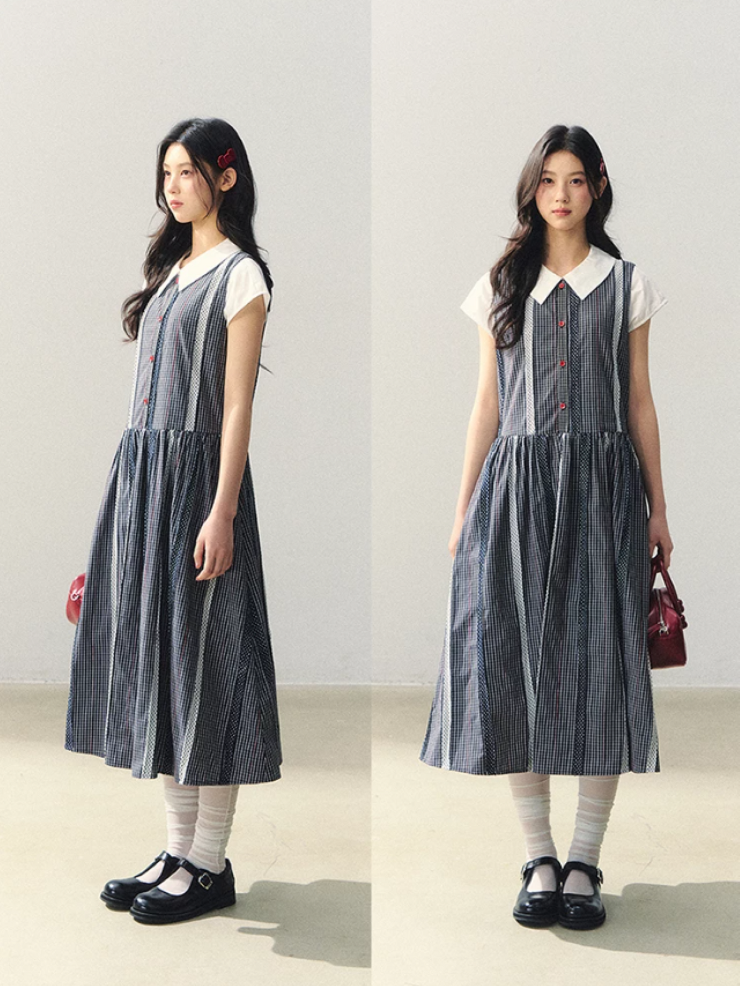 "Red Pulse in Monochrome" Plaid Sleeveless Dress with Red Button LL2026027