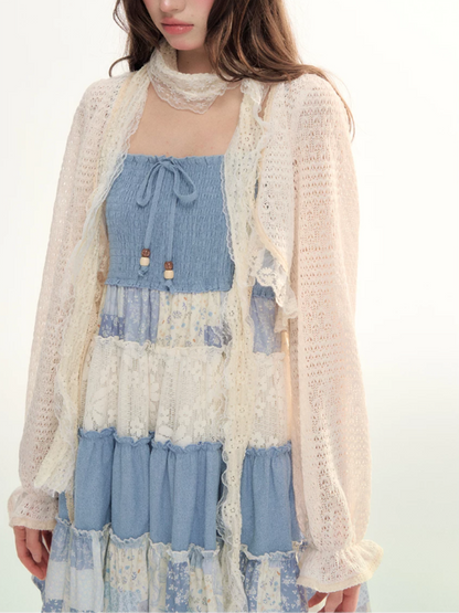 Blue Patchwork Tiered Smocked Dress LL2026106