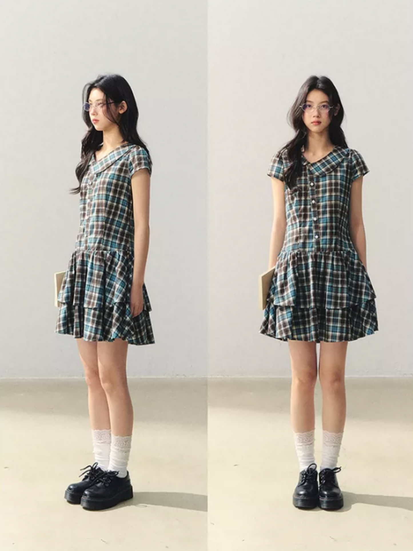 "Pine Chestnut Mint" Asymmetric Collar Plaid Dress LL2026034