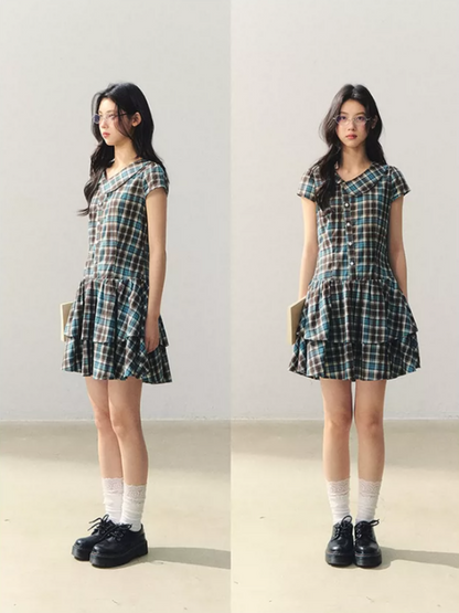 "Pine Chestnut Mint" Asymmetric Collar Plaid Dress LL2026034