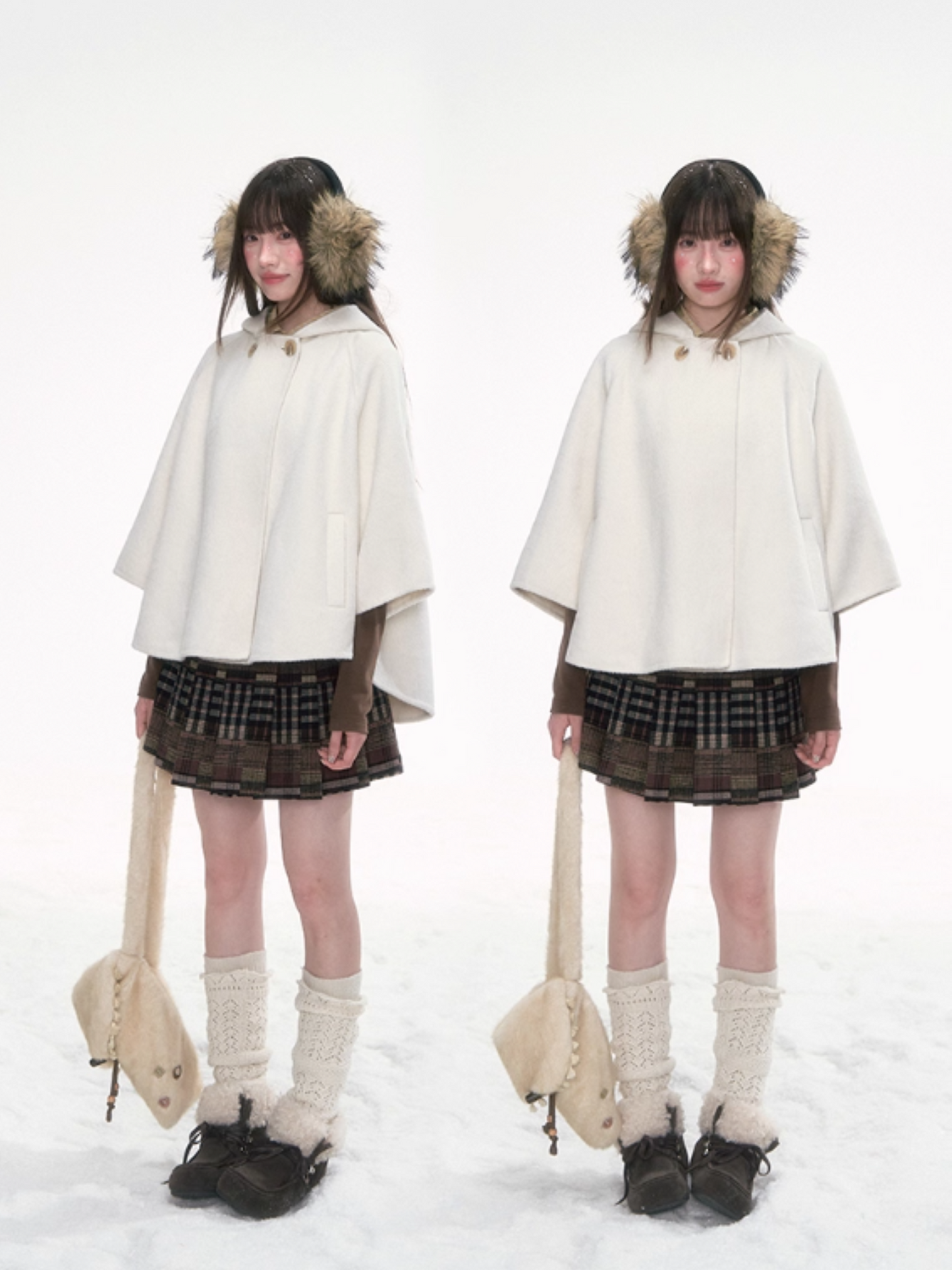 '漫游者' White Wool-Blend Hooded Cape Coat