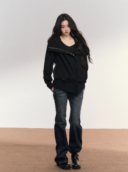 PCH - Cotton Zip-Up Hoodie with Detachable Collar (Black)