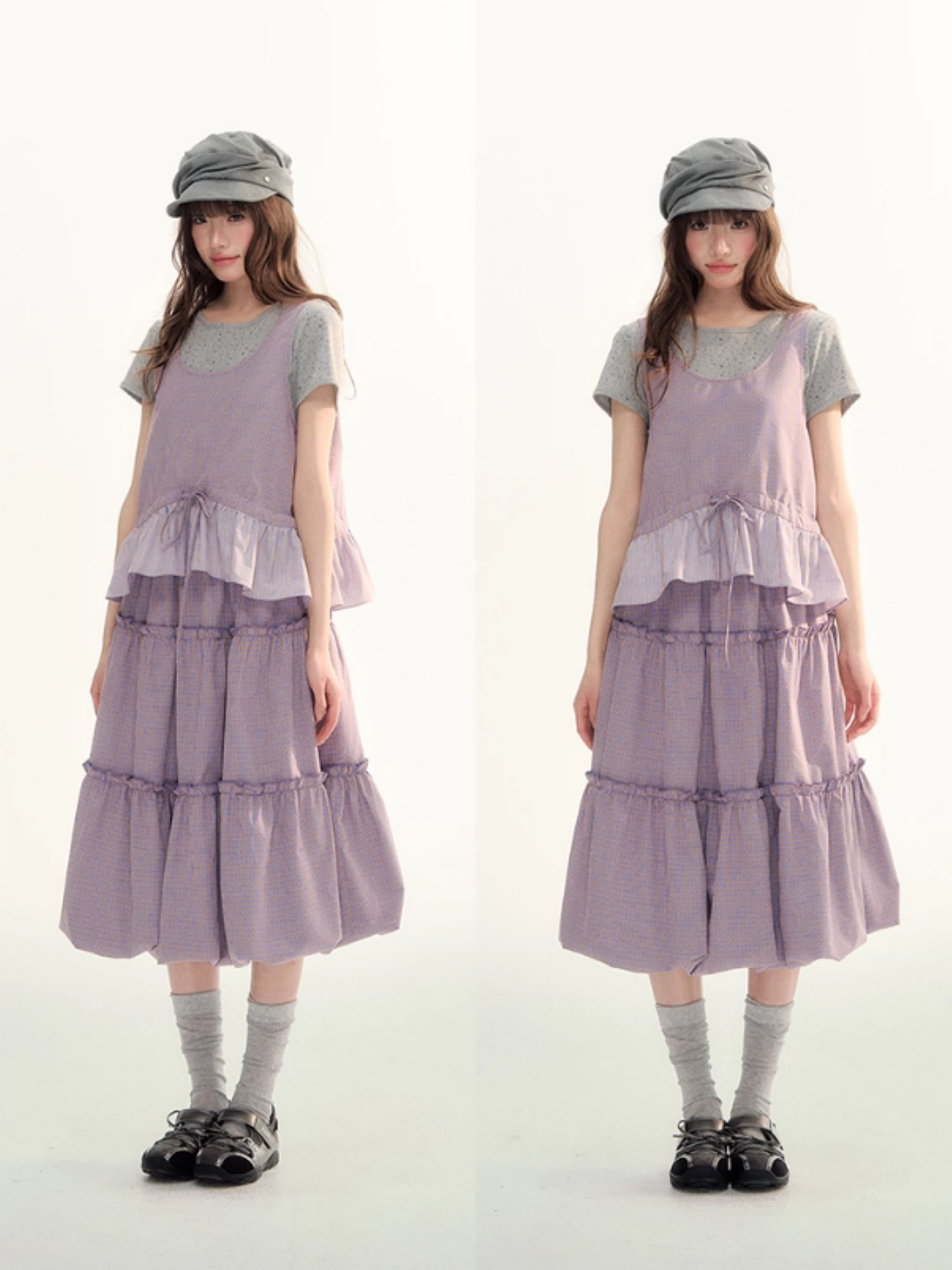 Lavender Plaid Bubble Top & Tiered Skirt Set SJ2026091