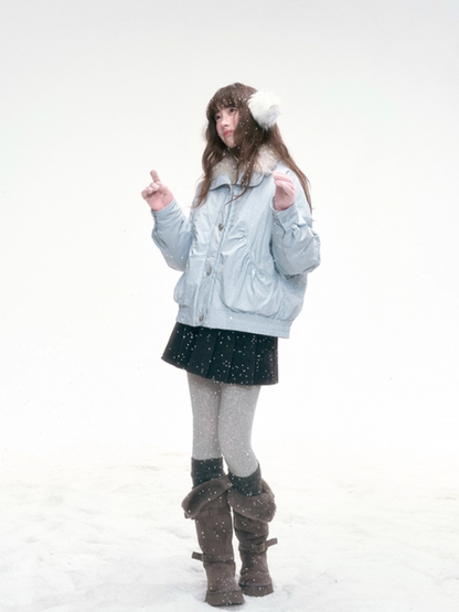 "Soft Mist Cove" Contrast Collar Down Jacket – Sky Blue & Light Gray LL2025308